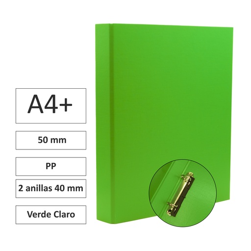 [180778] CARPETA RAYLU PAPER FOLIO 2 ANILLAS 40 MM VERDE CLARO · CARTÓN FORRADO PP · LOMO 50 MM · A4+ · ACABADO RESISTENTE