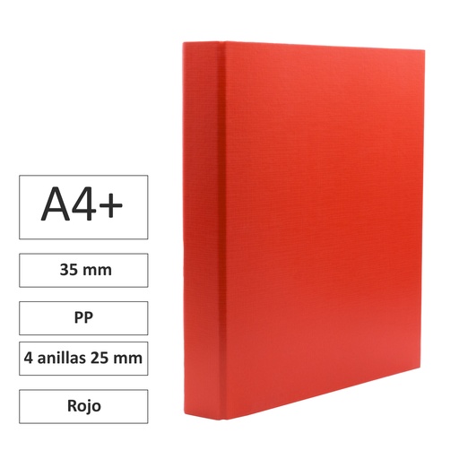 [180773] CARPETA RAYLU PAPER FOLIO 4 ANILLAS 25MM ROJO CARTÓN FORRADO PP 