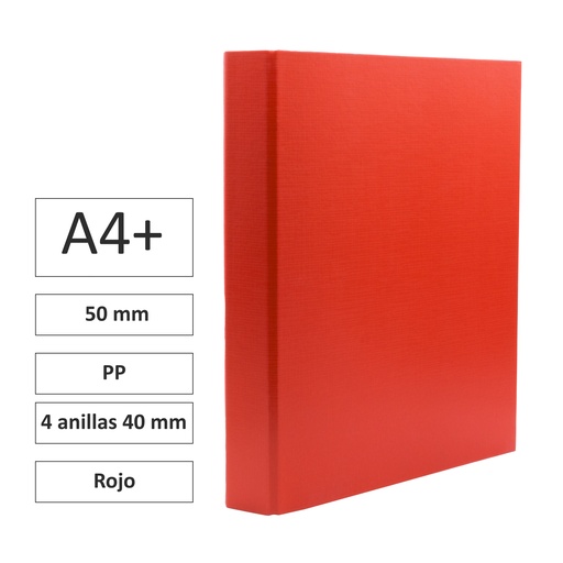 [180789] CARPETA RAYLU PAPER FOLIO 4 ANILLAS 40 MM ROJO · CARTÓN FORRADO PP · LOMO 50 MM · A4+ · ACABADO RESISTENTE