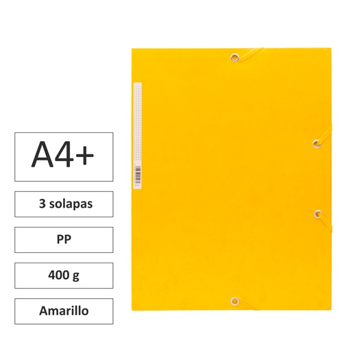 [180580] CARPETA A4+ CON GOMAS Y SOLAPAS (AMARILLO) · CARTÓN 400 g · 3 SOLAPAS · ETIQUETA EN LOMO
