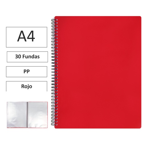 [180618] CARPETA DE FUNDAS MAXIPLÁS PP XS A4 · 30 FUNDAS (ROJO) · PP SEMIRRÍGIDO · ESPIRAL PVC · CIERRE CON GOMAS