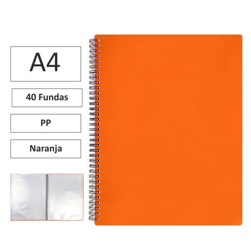 [180623] CARPETA DE FUNDAS MAXIPLÁS PP XS A4 · 40 FUNDAS (NARANJA) · PP SEMIRRÍGIDO · ESPIRAL PVC · CIERRE CON GOMAS