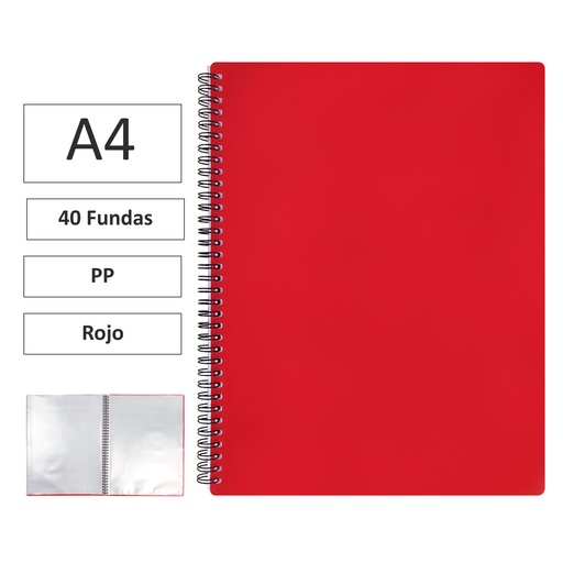 [180628] CARPETA DE FUNDAS MAXIPLÁS PP XS A4 · 40 FUNDAS (ROJO) · PP SEMIRRÍGIDO · ESPIRAL PVC · CIERRE CON GOMAS