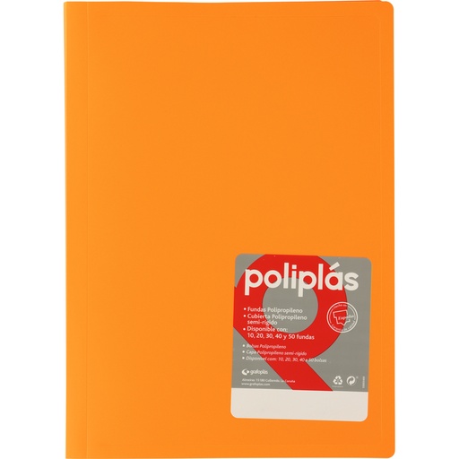 [180658] CARPETA DE FUNDAS POLIPLÁS OPACO A4 · 30 FUNDAS (NARANJA) · PP SEMIRRÍGIDO OPACO · FUNDAS SOLDADAS