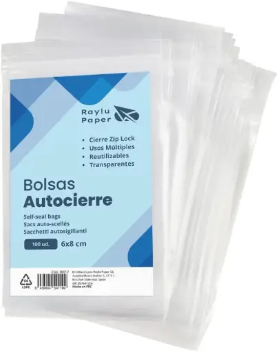 [30018] BOLSAS AUTOCIERRE RAYLU 6 × 15 CM · TRANSPARENTES · PACK 100 UDS