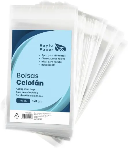 [30010] BOLSAS DE CELOFÁN TRANSPARENTE RAYLU PAPER 6 × 8 CM PACK 100 UDS 