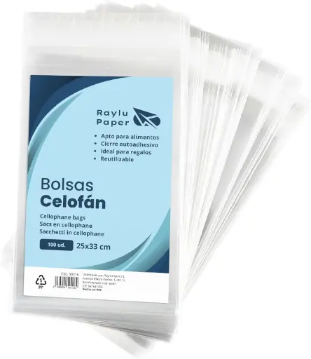 [30016] BOLSAS DE CELOFÁN TRANSPARENTE RAYLU PAPER 25 × 33 CM · CIERRE AUTOADHESIVO · PACK 100 UDS · APTAS PARA ALIMENTOS
