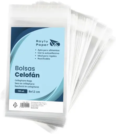 [30011] BOLSAS DE CELOFÁN TRANSPARENTE RAYLU PAPER 8 × 12 CM PACK 100 UDS · 