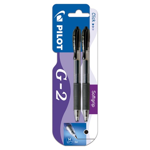 [118897] BOLÍGRAFO PILOT G-2 NEGRO · TINTA GEL · PUNTA 0,7 MM · TRAZO 0,5 MM · CLIC RETRÁCTIL · GRIP · BLISTER 2 NEGROS