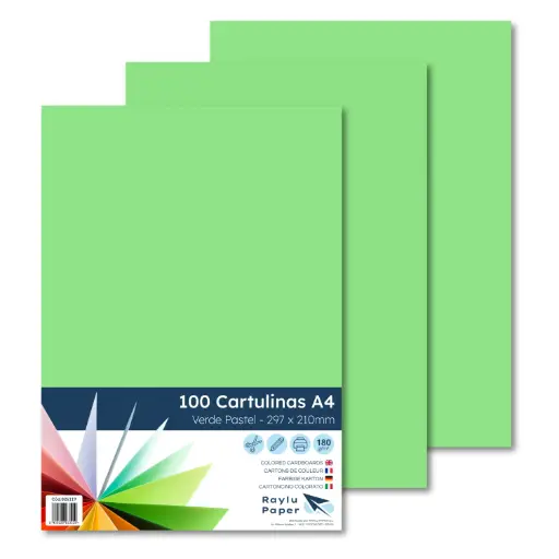 [826119] CARTULINAS RAYLU PAPER A4 180 g/m² (VERDE) · PACK 100 · CORTE LIMPIO · PH NEUTRO · APTAS PARA IMPRESIÓN