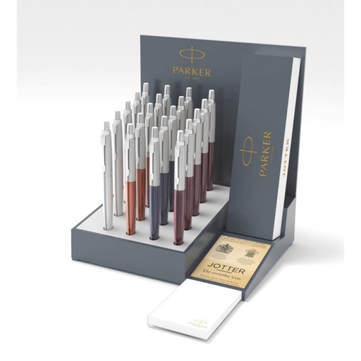 [118709] BOLÍGRAFO PARKER JOTTER CORE COLORES SURTIDOS · RETRÁCTIL · CUERPO DE ACERO INOXIDABLE · EXPOSITOR 20 UDS