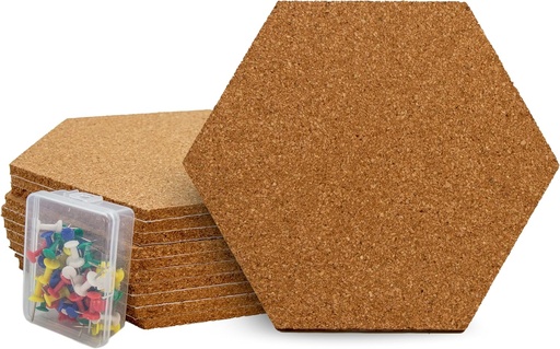 [702416] CORCHO HEXAGONAL AUTOADHESIVO – CORCHO NATURAL 6 MM + 47 CHINCHETAS DE COLORES- PAQUETE 10 UDS