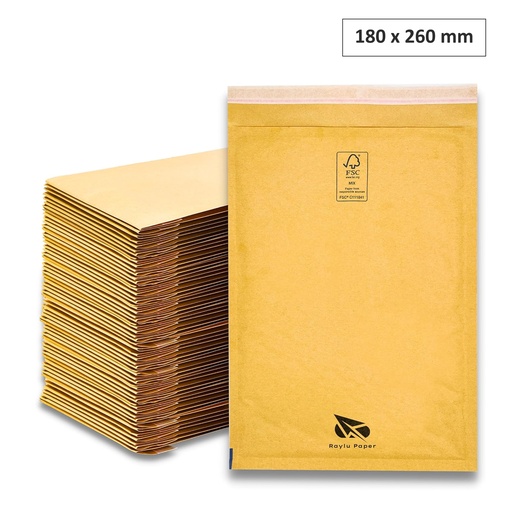 [001845] SOBRES ACOLCHADOS RAYLU DE BURBUJA KRAFT 180 X 260 MM AUTOADHESIVOS – COLOR MARRÓN CAJA 100