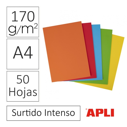 [650310] CARTULINAS APLI A4 170 GRAMOS - PACK SURTIDO COLORES INTENSOS 50 HOJAS