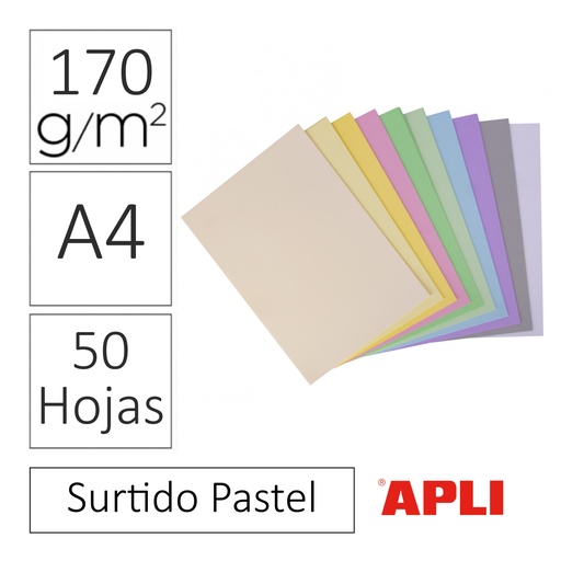 [650306] CARTULINAS APLI A4 170 GRAMOS – SURTIDO COLORES PASTEL (50 HOJAS)