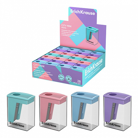 [081366] SACAPUNTAS CITY MINI CON DEPÓSITO – 1 ORIFICIO (Ø 8 MM) – COLORES CIELO/MENTA/ROSA/VIOLETA