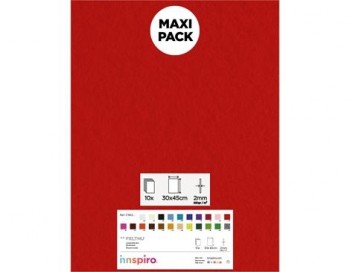 [650382] INNSPIRO – LAMINA FIELTRO ACRÍLICO  ROJO (LÁMINAS 30x45 CM – 1 MM – 160 g/m² – PACK 10 UNIDADES)