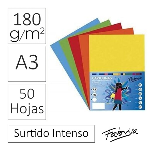 [825348] PACK 50 CARTULINAS A3 (180 g/m²) — COLORES FUERTES · LIGERAMENTE SATINADAS · PIGMENTO RESISTENTE A LA LUZ