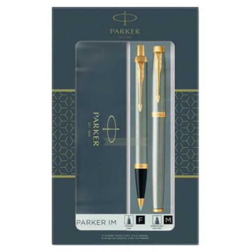 [118497] SET BOLÍGRAFO Y ROLLER PARKER IM – METAL CEPILLADO GT (ACENTOS ORO)