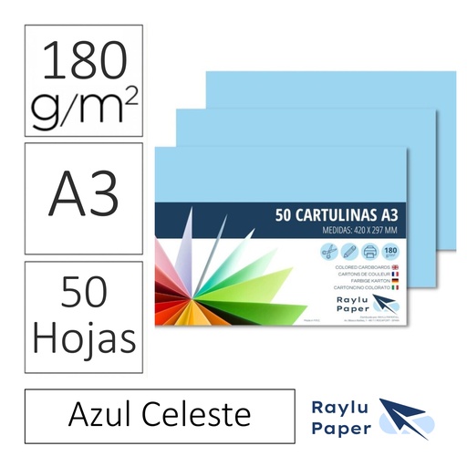[630738] RAYLU PAPER® – CARTULINAS A3 180 G (PACK 50 HOJAS) 420 × 297 MM – AZUL CELESTE