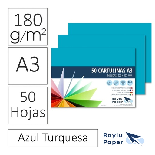 [630743] RAYLU PAPER® – CARTULINAS A3 180 G (PACK 50 HOJAS) 420 × 297 MM – AZUL TURQUESA