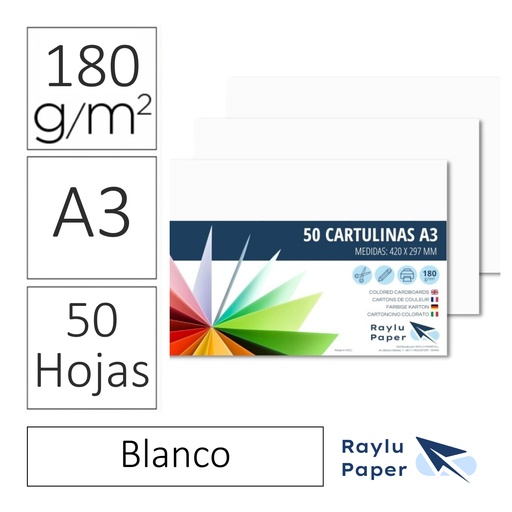 [630736] RAYLU PAPER® – CARTULINAS A3 180 G (PACK 50 HOJAS) 420 × 297 MM – BLANCO