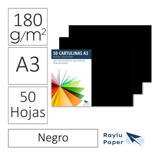 [630742] RAYLU PAPER® – CARTULINAS A3 180 G (PACK 50 HOJAS) 420 × 297 MM – NEGRO