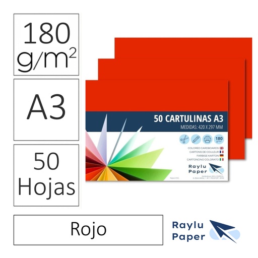 [630740] RAYLU PAPER® – CARTULINAS A3 180 G (PACK 50 HOJAS) 420 × 297 MM – ROJO