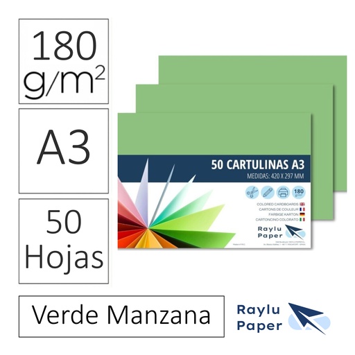 [630741] RAYLU PAPER® – CARTULINAS A3 180 G (PACK 50 HOJAS) 420 × 297 MM – VERDE MANZANA