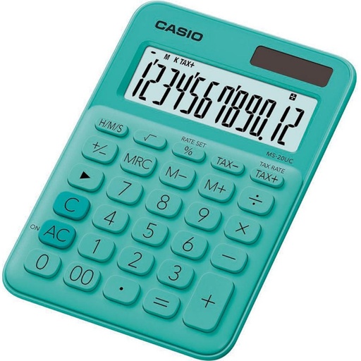 [247857] CALCULADORA CASIO MS-20UC VERDE · 12 DÍGITOS · PANTALLA XL · SOLAR + PILA · IMPUESTOS · CONVERSOR MONEDA