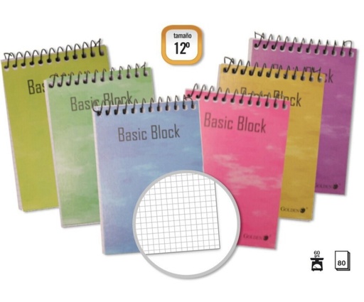 [001138] BLOC ESPIRAL GOLDEN 12º APAISADO 85 × 125 MM – 80 HOJAS, 60 G/M², CUADRÍCULA, ESPIRAL SUPERIOR