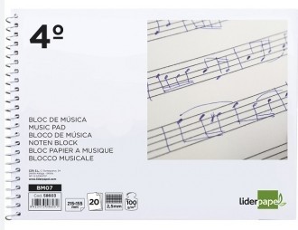[825557] BLOC DE MÚSICA CUARTO APAISADO, 20 HOJAS 100 G, PENTAGRAMA PAUTADO CUADRICULADO 2,5 MM