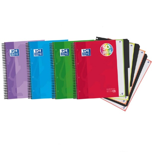 [002773] BLOC OXFORD A4 ESPIRAL CUADRÍCULA 5 MM – 120 HOJAS, TAPA EXTRADURA BRILLANTE, SEPARADORES + BOLSA PORTAHOJAS, COLORES SURTIDOS (EUROPEANBOOK 4)