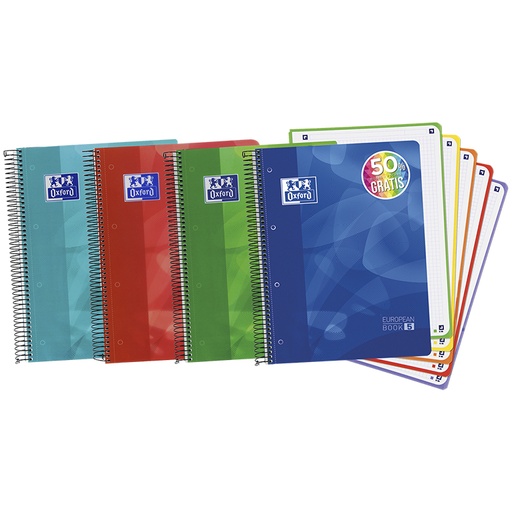 [029141] BLOC OXFORD A4+ ESPIRAL CUADRÍCULA 5 MM – 120 HOJAS, TAPA DE PLÁSTICO (PP), MICROPERFORADO CON BANDAS, 240 × 298 MM, INTERIOR 5 COLORES DE RECUADRO