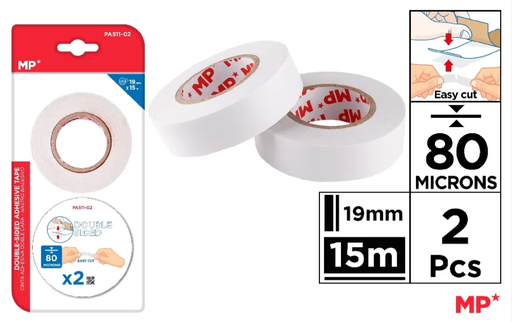 [040253] CINTA ADHESIVA DOBLE CARA 80 MICRAS · 19 m (MP) · BLÍSTER 2 UDS · USO ESCOLAR/OFICINA/MANUALIDADES