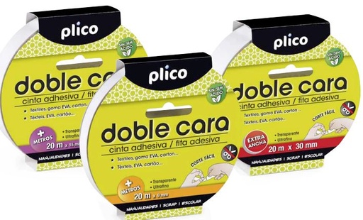 [825016] CINTA ADHESIVA DOBLE CARA PLICO 15 MM × 20 M · TRANSPARENTE · CORTE A MANO · LIBRE DE ÁCIDO