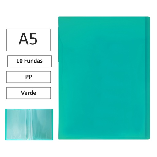 [180855] CARPETA DE FUNDAS RAYLU PAPER PREMIUM A5 · 10 FUNDAS (VERDE) · TRANSLÚCIDA · FUNDAS CRISTAL SOLDADAS · PP 100% BIODEGRADABLE