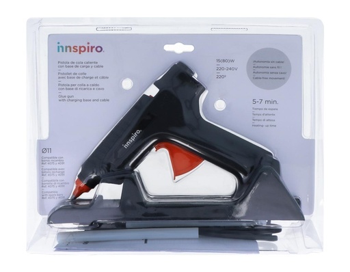 [825702] PISTOLA DE COLA CALIENTE SIN CABLE INNSPIRO 15 W + SOPORTE + 2 BARRAS DE COLA