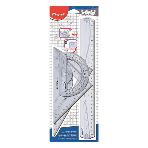 [649135] MAPED – KIT GEOMÉTRICO 4 PIEZAS (REGLA, ESCUADRA, CARTABÓN Y TRANSPORTADOR)
