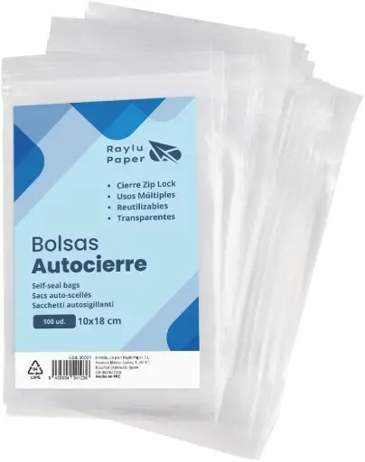 [30021] BOLSAS AUTOCIERRE RAYLU 10 × 18 CM · TRANSPARENTES · PACK 100 UDS