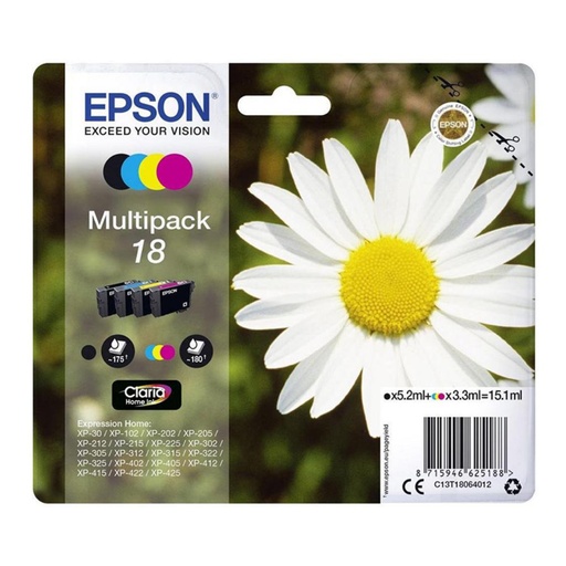[165374] EPSON EXPRESSION HOME XP-102/205/305/405 MULTIPACK 4 CARTUCHOS (K,C,M,Y)Nº18