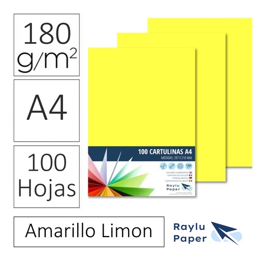 [220554] CARTULINAS RAYLU PAPER A4 180 g/m² (AMARILLO LIMON) · PACK 100 · CORTE LIMPIO · PH NEUTRO · APTAS PARA IMPRESIÓN