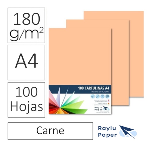 [220572] CARTULINAS RAYLU PAPER A4 180 g/m² (CARNE ) · PACK 100 · CORTE LIMPIO · PH NEUTRO · APTAS PARA IMPRESIÓN