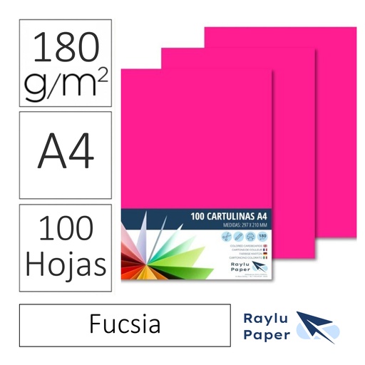[220550] CARTULINAS RAYLU PAPER A4 180 g/m² (FUCSIA ) · PACK 100 · CORTE LIMPIO · PH NEUTRO · APTAS PARA IMPRESIÓN
