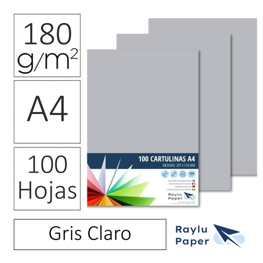 [220556] CARTULINAS RAYLU PAPER A4 180 g/m² (GRIS CLARO ) · PACK 100 · CORTE LIMPIO · PH NEUTRO · APTAS PARA IMPRESIÓN