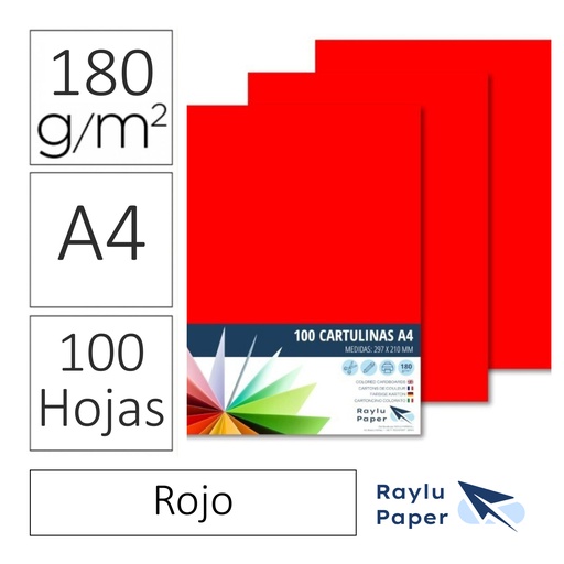 [220151] CARTULINAS RAYLU PAPER A4 180 g/m² (ROJO) · PACK 100 · CORTE LIMPIO · PH NEUTRO · APTAS PARA IMPRESIÓN