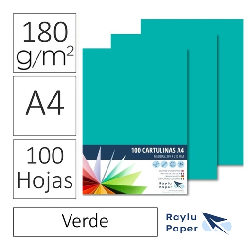 [220573] CARTULINAS RAYLU PAPER A4 180 g/m² (VERDE  ) · PACK 100 · CORTE LIMPIO · PH NEUTRO · APTAS PARA IMPRESIÓN