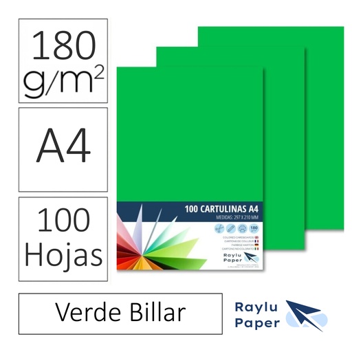 [220553] CARTULINAS RAYLU PAPER A4 180 g/m² (VERDE BILLAR ) · PACK 100 · CORTE LIMPIO · PH NEUTRO · APTAS PARA IMPRESIÓN