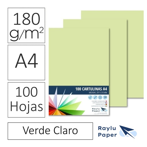 [220154] CARTULINAS RAYLU PAPER A4 180 g/m² (VERDE CLARO  ) · PACK 100 · CORTE LIMPIO · PH NEUTRO · APTAS PARA IMPRESIÓN