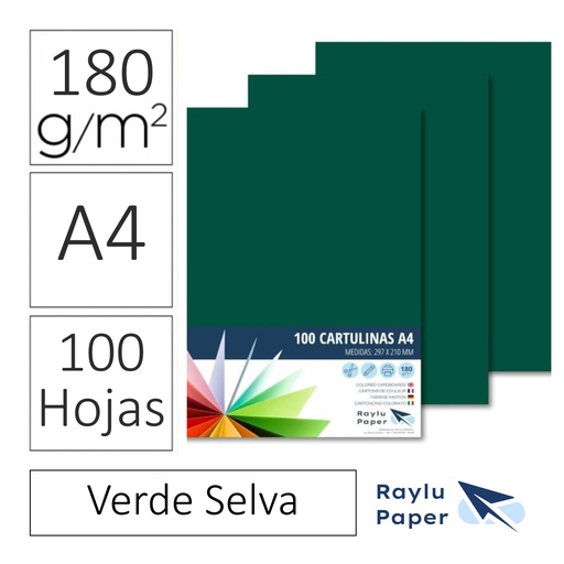 [220558] CARTULINAS RAYLU PAPER A4 180 g/m² (VERDE SELVA  ) · PACK 100 · CORTE LIMPIO · PH NEUTRO · APTAS PARA IMPRESIÓN